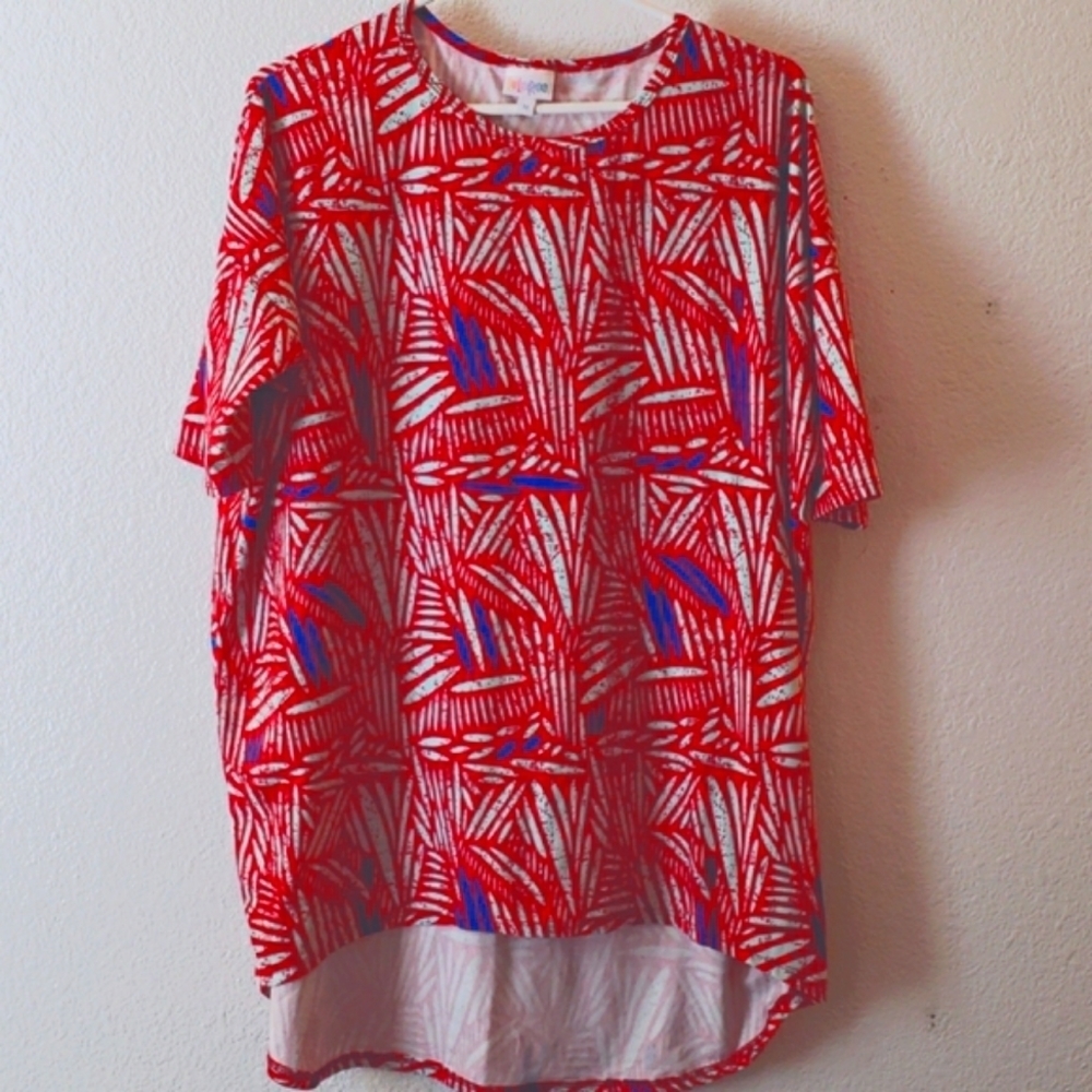 LuLaRoe Irma Tunic with Red and Grey Palms Leaves with Blue Accent Size M